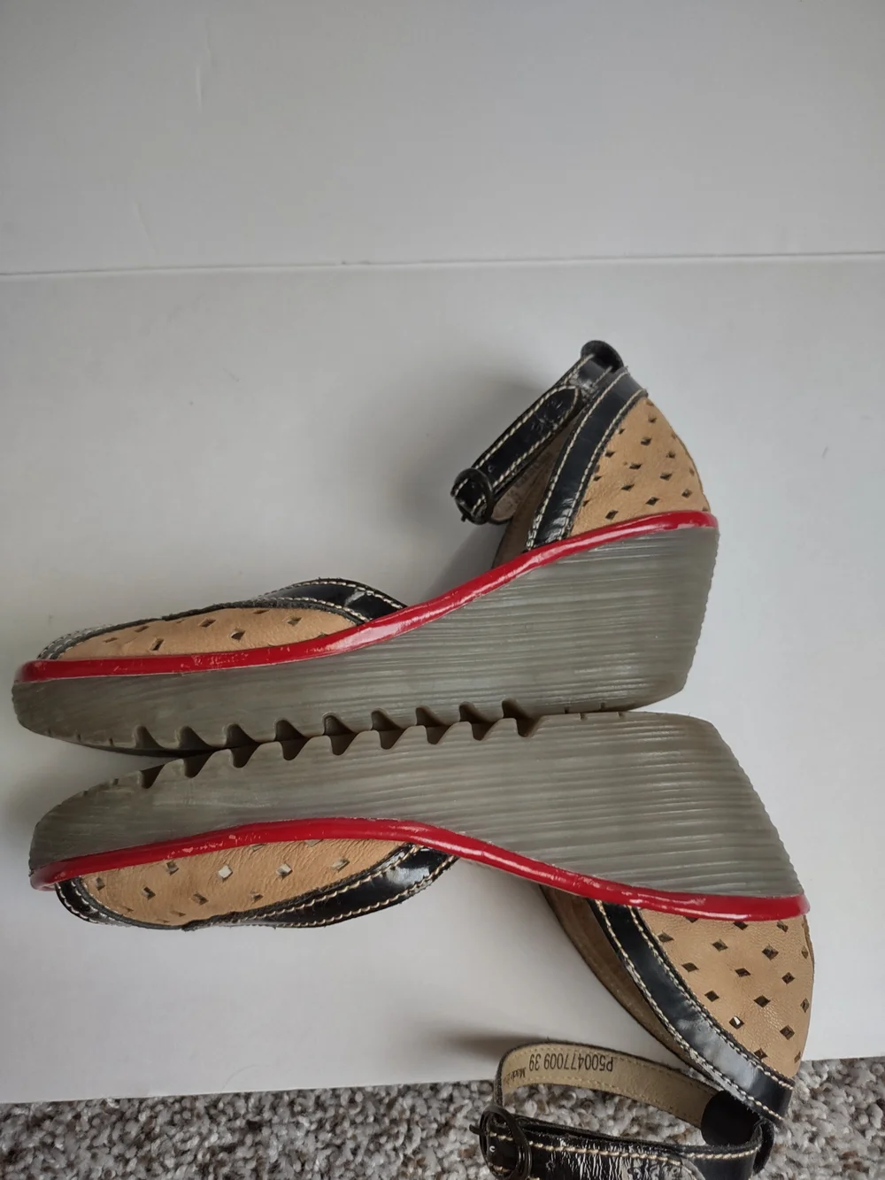 Fly London Tan and Black Wedge Sandals with Red Trim